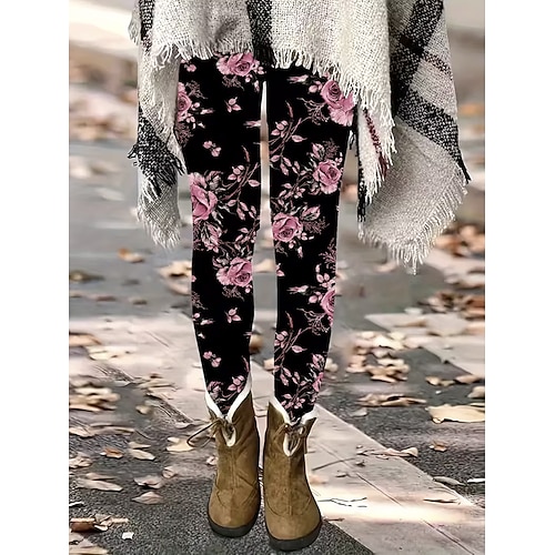 Damen Leggings Urlaub Vintage Mode Volle Länge Hohe Taille Blumen Grafik Drucken Thermowarm Weich Atmungsaktiv Dehnbar Täglich Outdoor Urlaub Violett Rosa cremefarben Frühling Herbst Schmale Passform Image