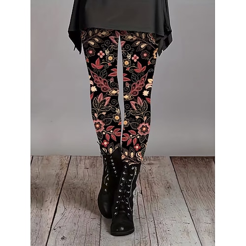 Damen Leggings Urlaub Vintage Mode Volle Länge Hohe Taille Blumen Grafik Drucken Thermowarm Weich Atmungsaktiv Dehnbar Täglich Outdoor Urlaub Gelb Rote Frühling Herbst Schmale Passform Image
