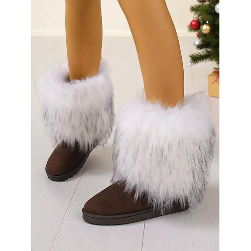 Damenstiefel aus braunem Wildleder mit flauschigem rosa Kunstfellbesatz, gemütliche Winterschuhe bis zur Wadenmitte, stylische Party Streetwear-Schuhe für modebewusste Frauen Image