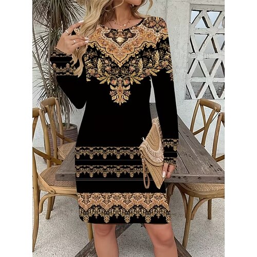 Damen Minikleid Corsagenkleider Urlaub Lässig Boho Täglich Geburtstag Ferien Normale Passform Grafik Paisley-Muster Stammes Langarm Rundhalsausschnitt Schwarz Gold Grau Frühling Herbst Winter Image