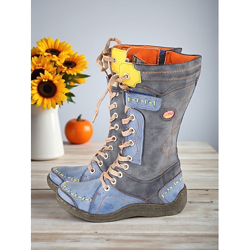 Damenstiefel aus echtem Leder mit Schnürung und halbhoher Wade, seitlichem Reißverschluss und bunten Nähten, lässige Vintage-Modestiefel für Winteroutfits Outdoor-Bekleidung Image