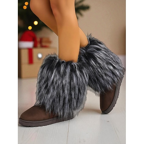 Damenstiefel aus braunem Wildleder mit flauschigem rosa Kunstfellbesatz, gemütliche Winterschuhe bis zur Wadenmitte, stylische Party Streetwear-Schuhe für modebewusste Frauen Image