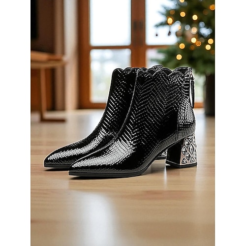 Grüne Damen-Stiefeletten aus Lackleder mit Schlangenhautstruktur und Strass-Blockabsatz, trendige Modestiefel für Abende und Partys Alltagsoutfits Image