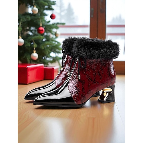 Damen-Stiefeletten aus echtem Leder mit Nerzfellbesatz, Blockabsatz mit spitzer Zehenpartie und Lackleder-Spleißen, luxuriöse Winterparty Abendschuhe Image