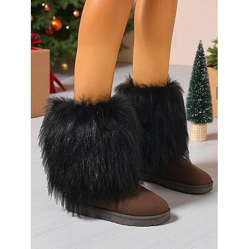 Damenstiefel aus braunem Wildleder mit flauschigem rosa Kunstfellbesatz, gemütliche Winterschuhe bis zur Wadenmitte, stylische Party Streetwear-Schuhe für modebewusste Frauen