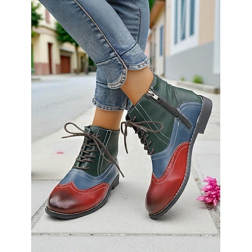 Oxford-Stiefeletten für Damen im Farbblock-Design mit Schnürung und seitlichem Reißverschluss, lässige Stiefel im Brogue-Stil der 1950er Jahre für den Alltag Straßenoutfit Image