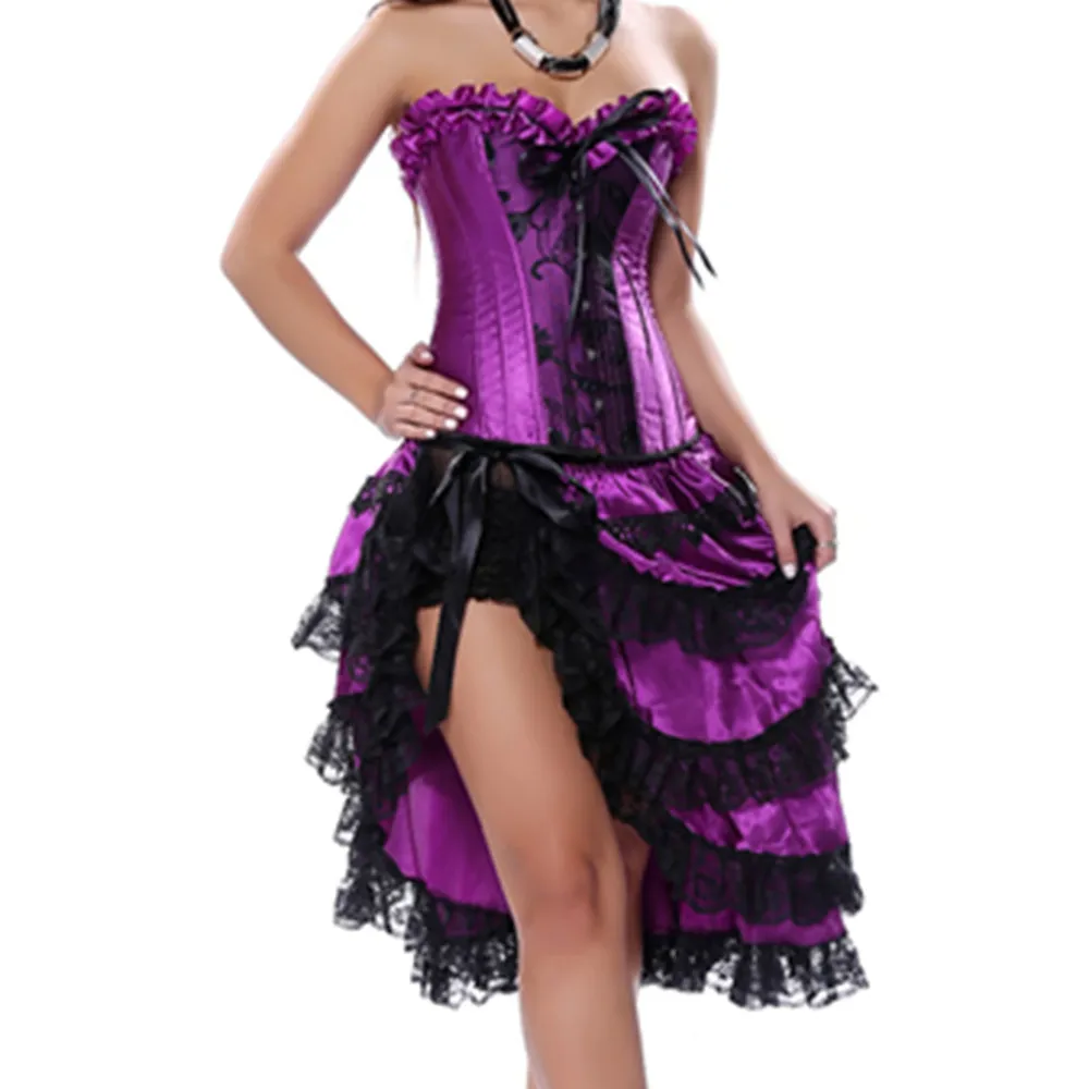 Gothic Burlesque Vollbrustkorsett Sexy Lila Tänzerin Kleid Dessous Showgirl Top mit Lagenrock Plus Größe S-6XL Image