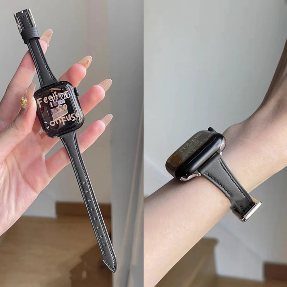 Dünne Lederschleife Metallglied für Apple Watch Band Damen Serie Ultra 11/10/9/8/7/6 38 mm 40 mm 41 mm 42 mm 44 mm 45 mm 46 mm Armband Image