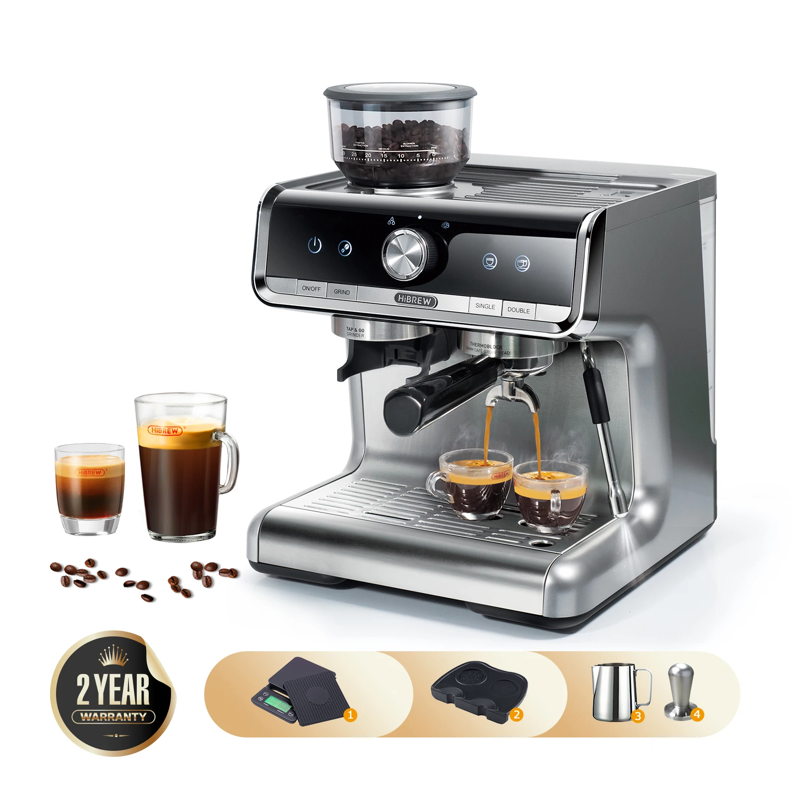 HiBREW Barista Pro 20Bar Bean to Espresso, Cafetera Kaffeemaschine auf kommerzieller Ebene mit Komplettset für Café Hotel Restaurant H7