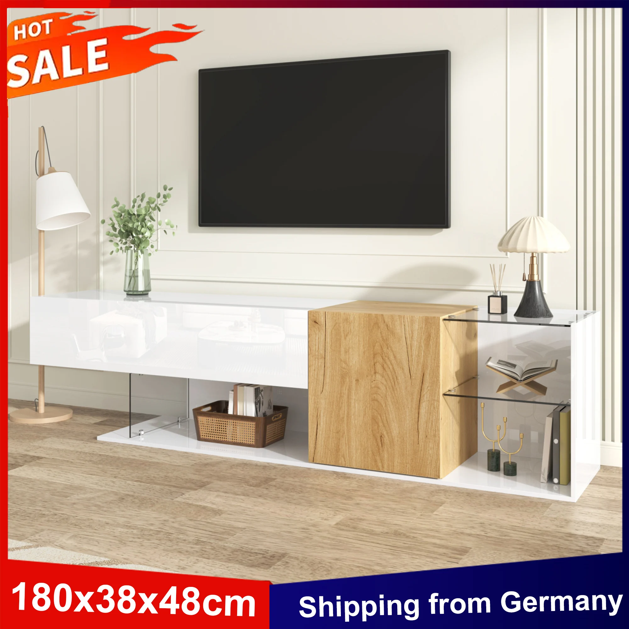 Anajqaqia 180 x 38 x 48 cm moderner TV-Schrank, TV-Lowboard, Hochglanzweiß mit Holzeffekt und Glasböden, TV-Brett für Wohnzimmer