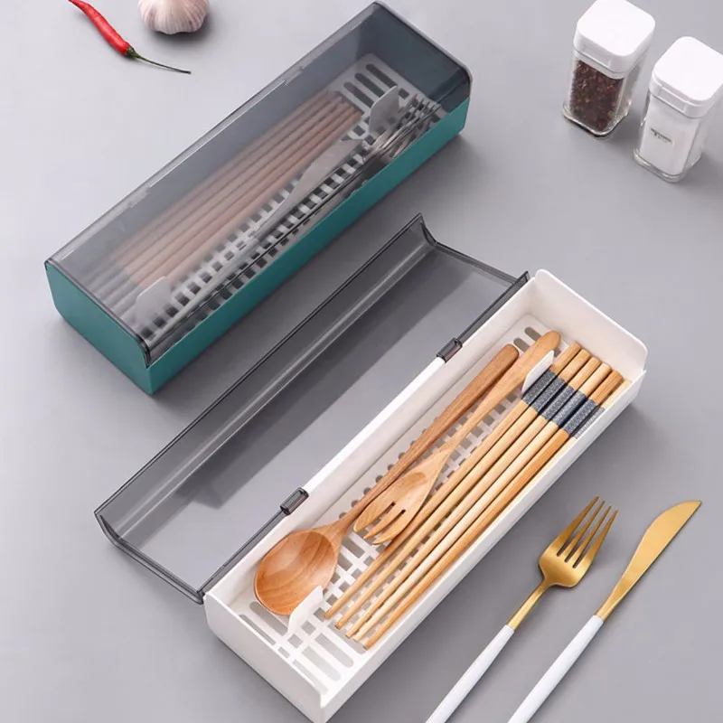 Chopsticks Box with Lid Dustproof Drainage Kitchen Cutlery Drain Rack Restaurant Household Knife Fork & Spoon Cutlery Organizer