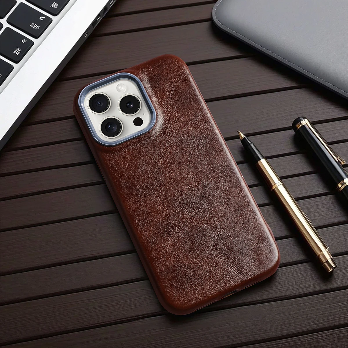 Luxuriöse klassische Retro-Hülle aus strukturiertem Metallrahmen mit All-Inclusive-PU-Leder für iPhone 15 Pro Max 16 14 Plus 13 12 11 Image