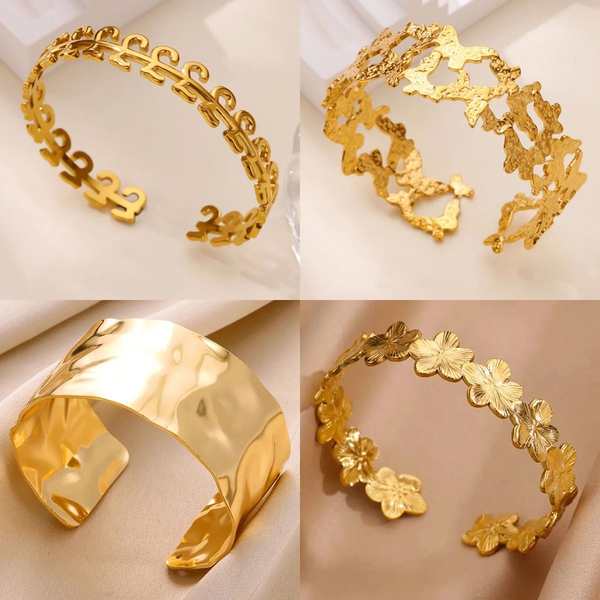 Kostenloser Versand Klassische Textur Blume Schmetterling Euro Geld Armreif Für Frauen Exquisite Armband Edelstahl Schmuck Image