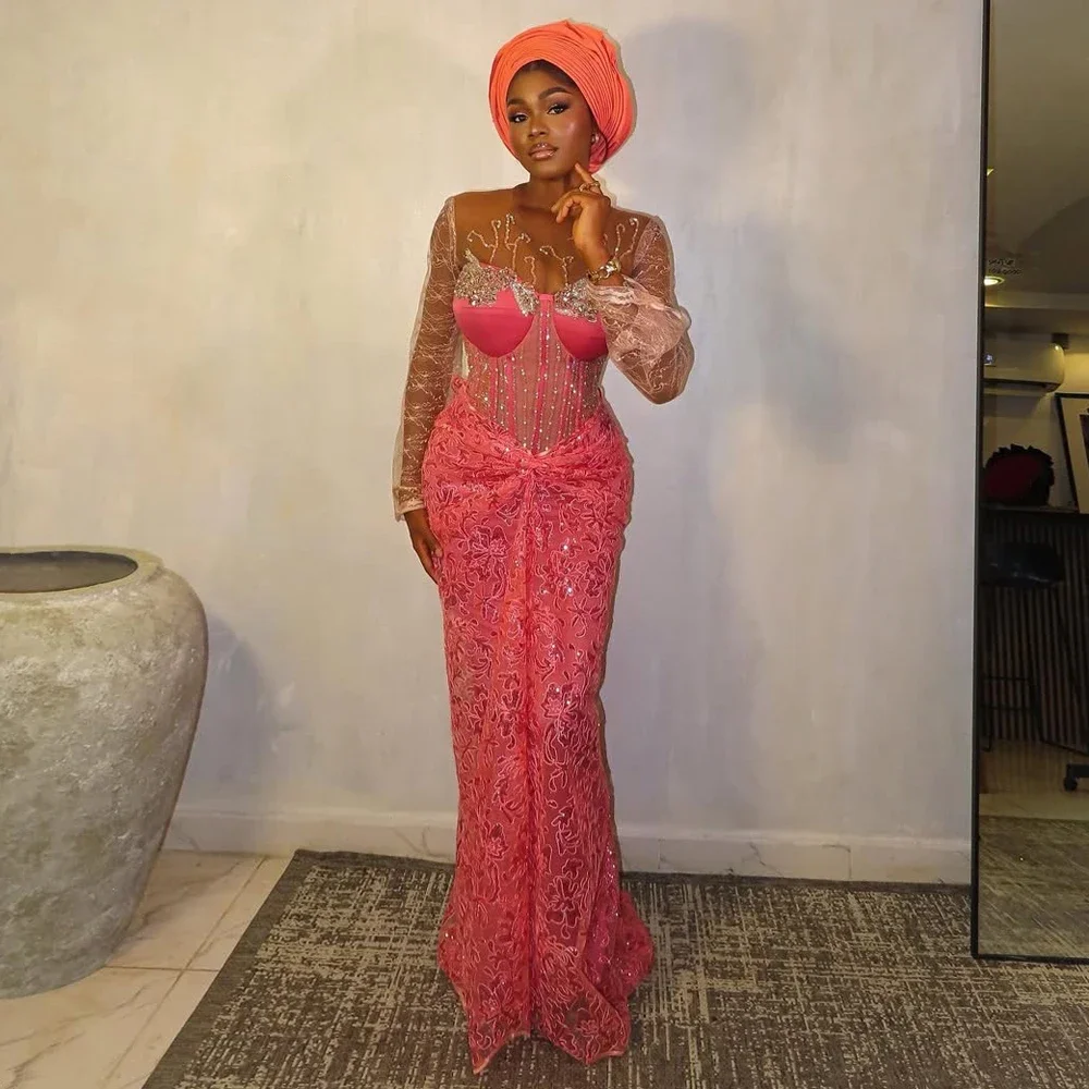 Floral Aso Ebi Lange Ärmel Formale Kleider Perlen Nach Maß Nigerianischen Abendkleider Luxus Meerjungfrau Prom Kleid Boning Lace Up