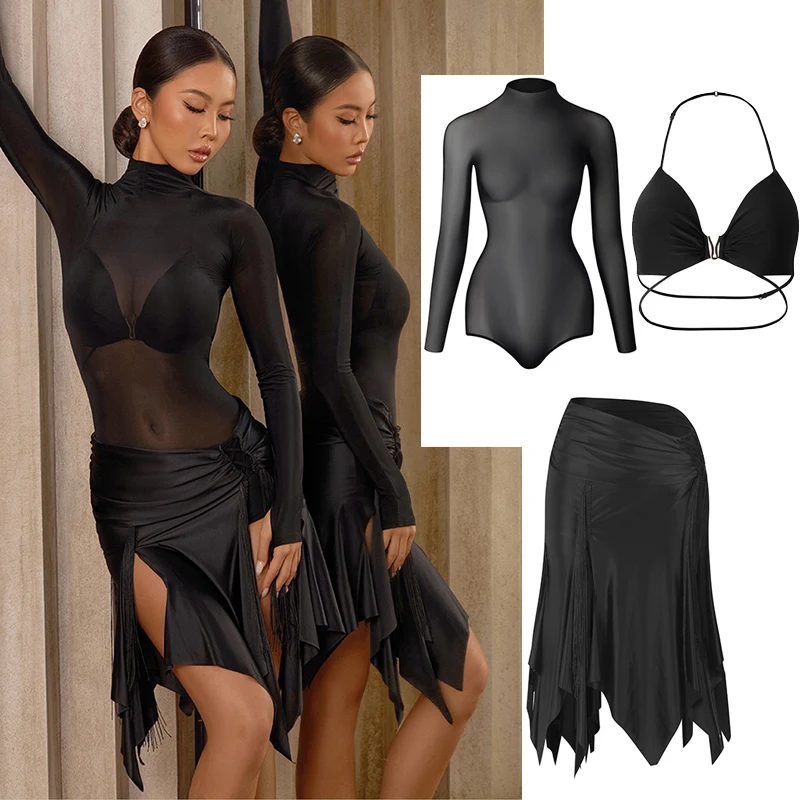 ZYM Costume da ballo latino sexy Donna Body in rete nera Gonna a fessura Abito da competizione Rumba Samba per adulti Abbigliamento da pratica DNV24648