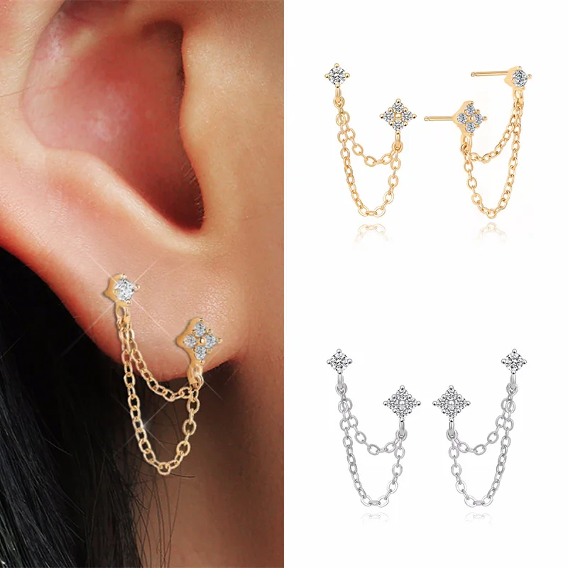 Huitan Neue Ankunft Doppel Ohr Studs Quaste Ketten Hängende Ohrringe für Frauen Ohr Piercing 3, Metall Farbe Luxus CZ Heißer Schmuck Image