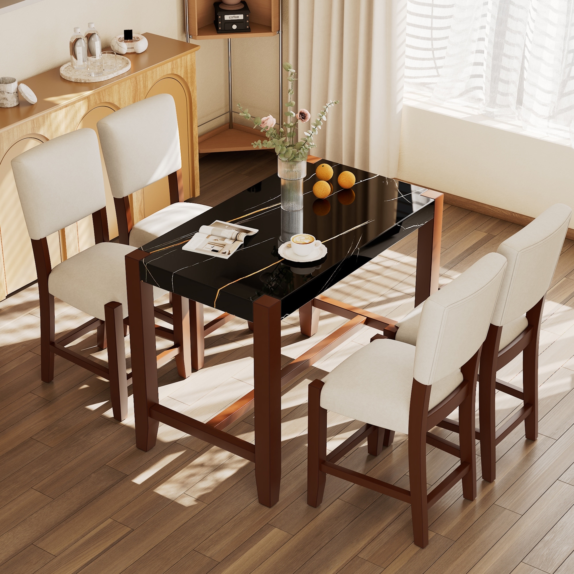 5pcs Counter Height Dining Table Set Faux Marble Bar Table and 4 Upholstered Chairs Pub Kitchen Dining Chair Set for Dining Room