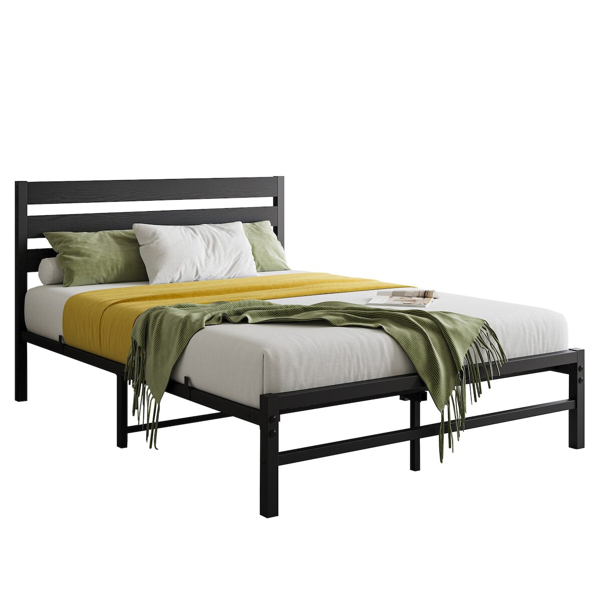 OKWISH Metallbett 140x200 Schwarz, modernes minimalistisches Design, robust, langlebig, Kopfteil MDF, Lattenrost inklusive, Schlafzimmer Bettgestell Image