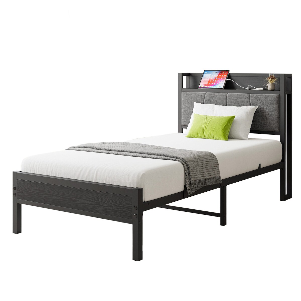 OKWISH Metallbett 200x90 Schwarz mit USB, Steckdosen, funktionalem Kopfteil, robustes Eisengestell, modernes Design, Lattenrost inklusive, Schlafzimmer Bett Image