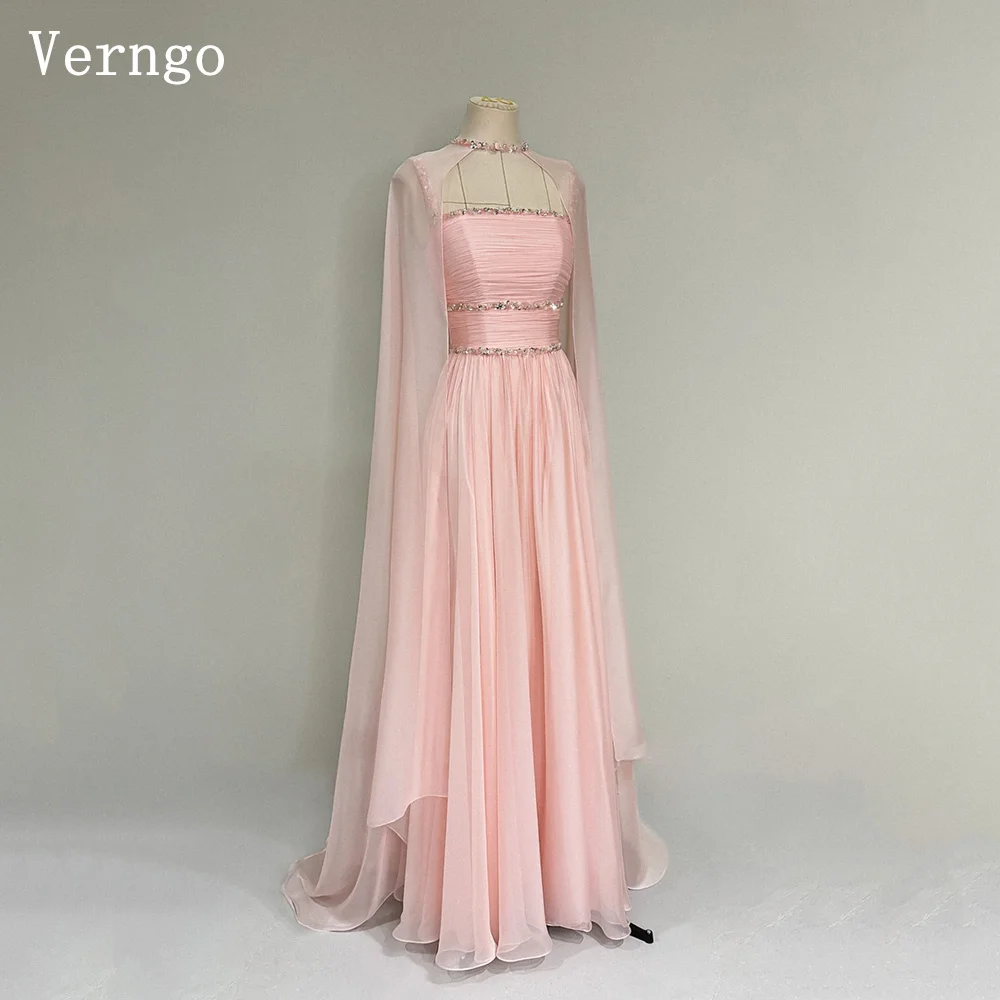 Verngo Elegantes rosa Chiffon-Abendkleid mit Pailletten, A-Linie, Schal, formelles Anlasskleid, elegantes Abendkleid aus Saudi-Arabien, individuell gestaltet