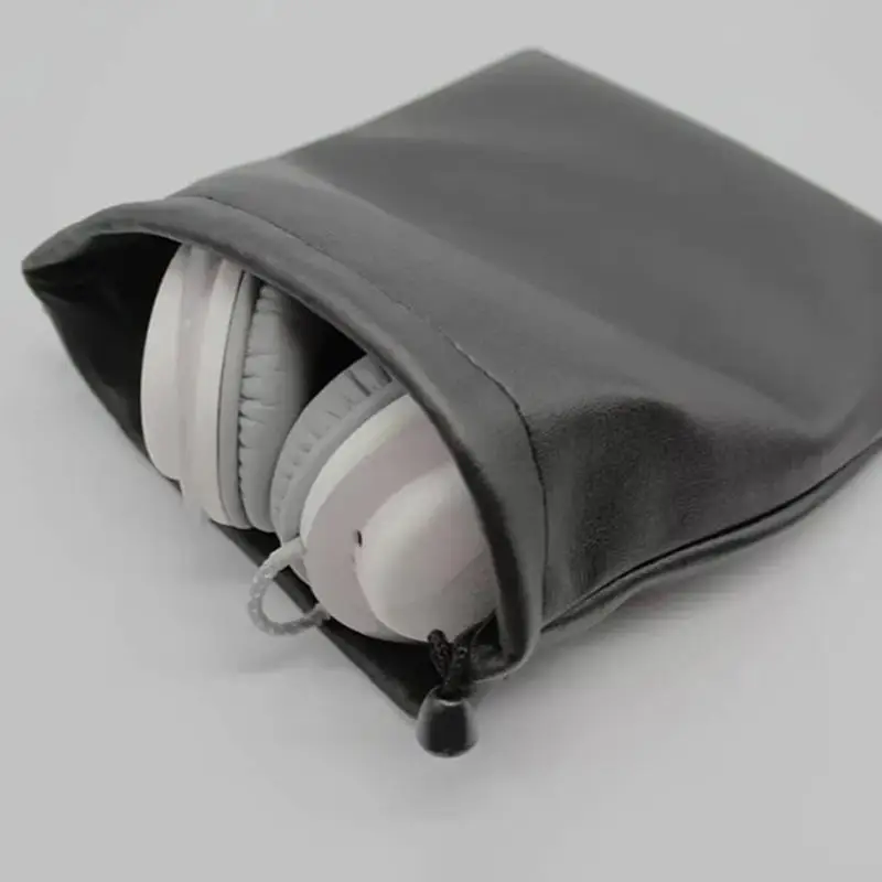 Tragbare Reise-Kopfhörertaschen aus PU-Leder, langlebig, staubdicht, mit Kordelzug, schwarze Headset-Kabeltasche mit großer Kapazität Image