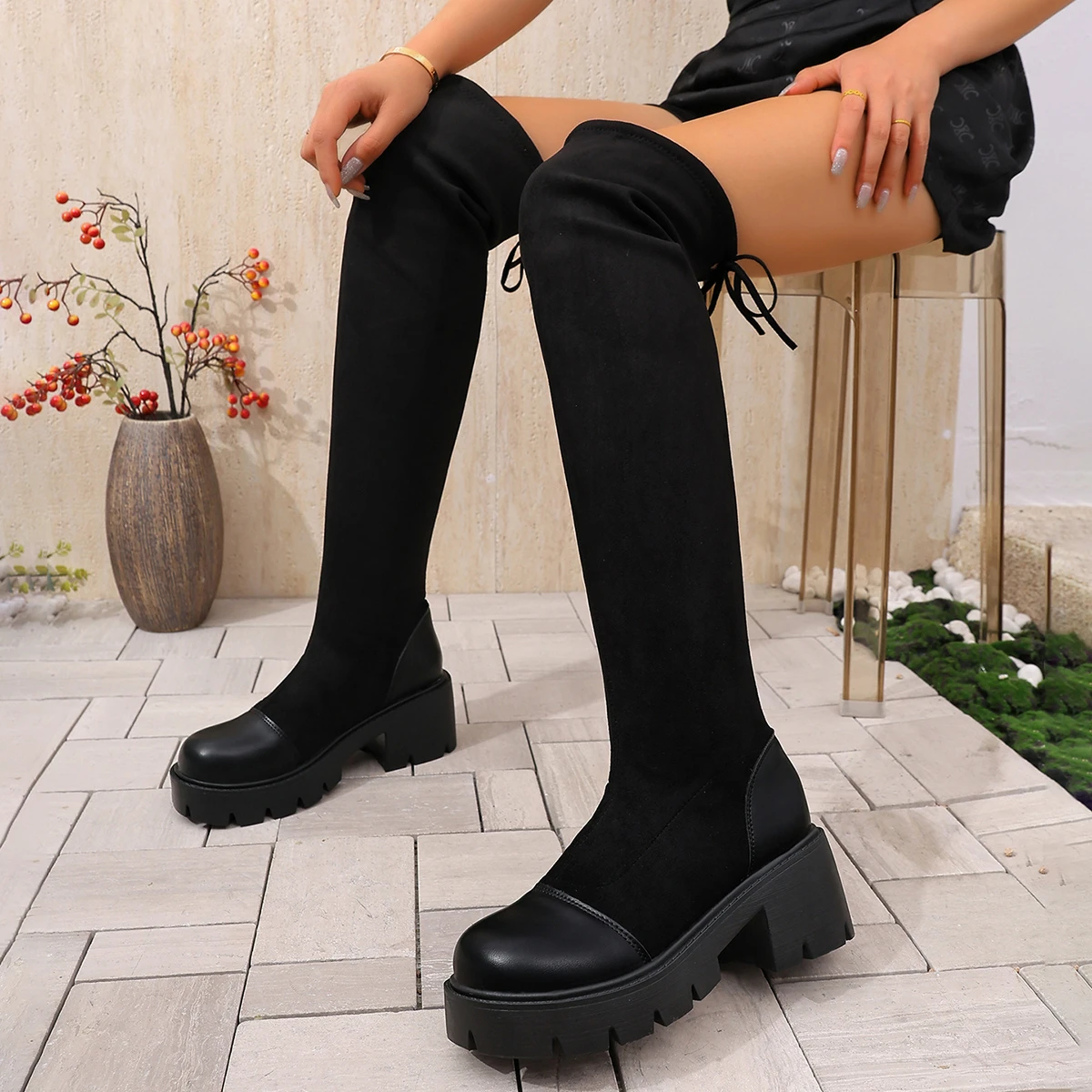 Frauen Stiefel Winter Schwarz Overknee Stiefel Neue Komfort Lace Up Chunky High Heels Schuhe Mode Warme Runde Kappe Lange Röhre Stiefel