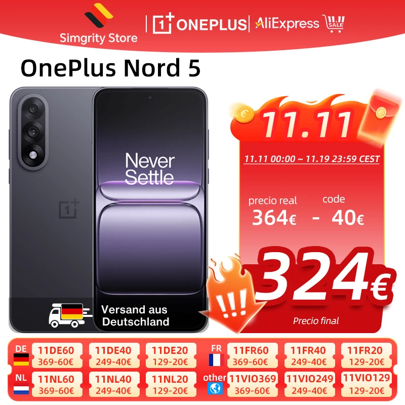 OnePlus Nord 5 Smartphone 8 GB + 256 GB/12 GB + 512 GB, 6,83" AMOLED 1,5K (FHD+), 2800 x 1272, Snapdragon 8s Gen 3, Android 15, 50 MP OIS+EIS-Kamera, 6800 mAh Akku, 80 W, Wi-Fi 6, Bluetooth 5.4, NFC, Image