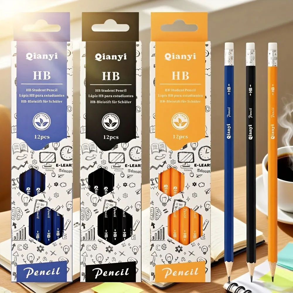 12 Teile/satz 3-Farbe Boxen Hexagon HB Bleistifte mit Radiergummis, Skizze Zeichnung Schreiben Bleistifte, Büro Schule Kunst Schreibwaren, Image