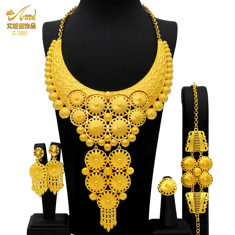 ANIID Dubai Big Luxus 4PCS Afrikanische Gold Farbe Schmuck Halskette Sets Für Frauen Braut Hochzeit Sets 2022 Trend Schmuck geschenke Image