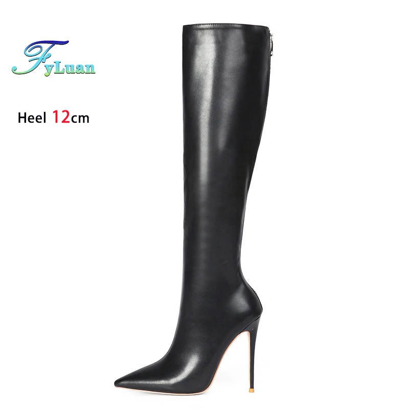 Simple Pointed Black Mid-calf Boots Women Elegant Party Shoes 12CM Thin High Heel Winter Back Zipper Office High Boots For Woman
