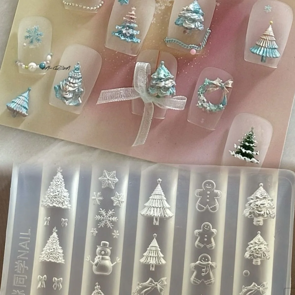3D Silikon Nagelform für DIY Nail Art Weihnachtsbaum Schneemann Lebkuchenmann Transparent Design Vorlage Maniküre Werkzeug Image