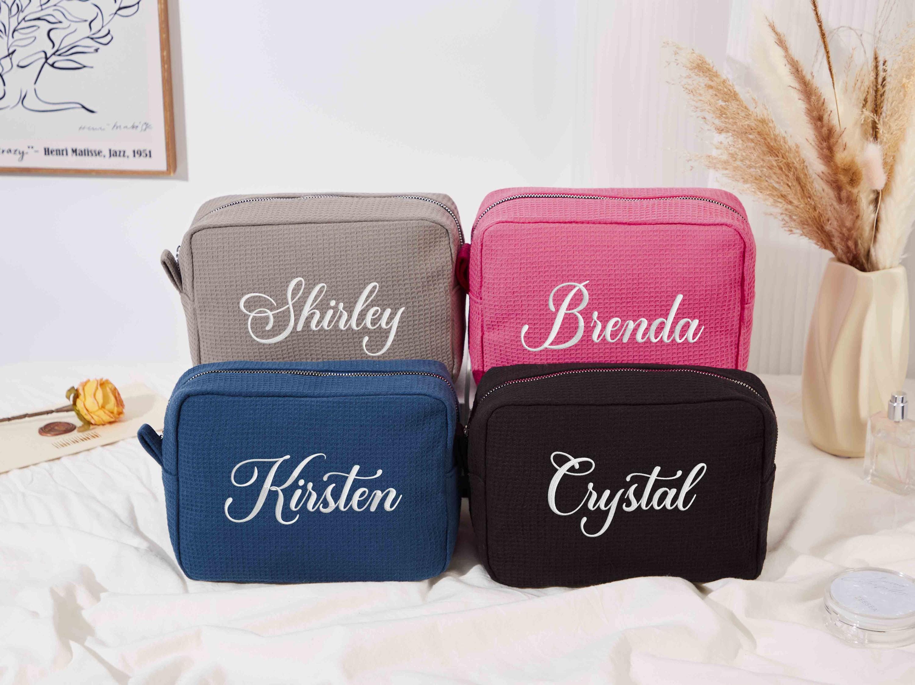 Borsa per il trucco ricamata, borsa per cosmetici personalizzata, borsa per il trucco per damigella d'onore, borsa per il trucco con monogramma, borsa