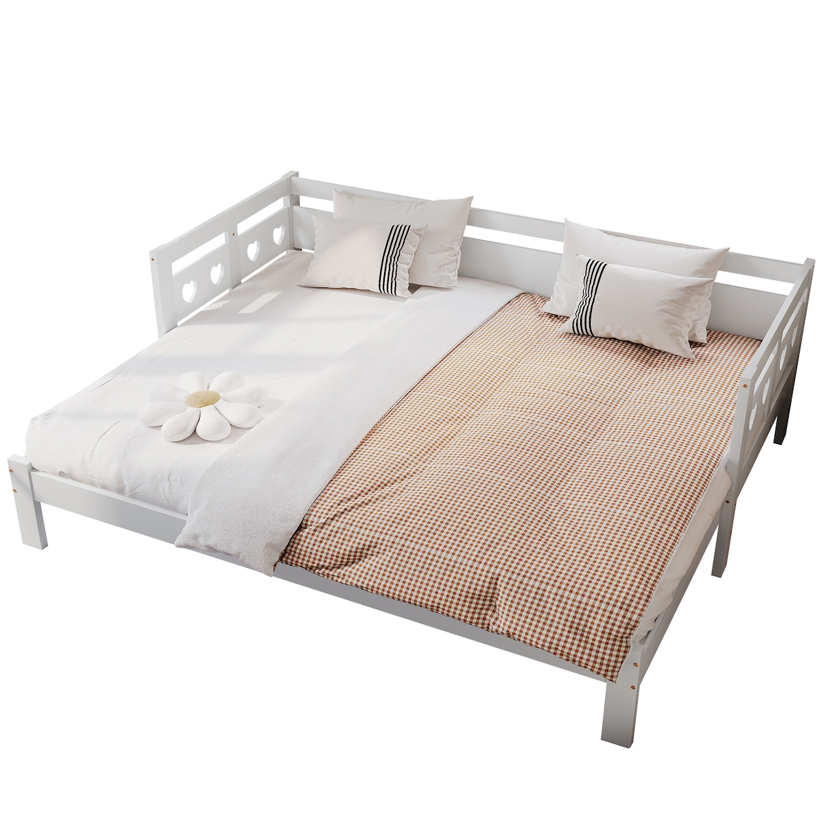OKWISH Herzförmiges Ausziehbett Kiefernholz 180x190 mit 2 Schlafplätzen, Tagesbett Funktion, platzsparendes Gästebett, Weiß Image