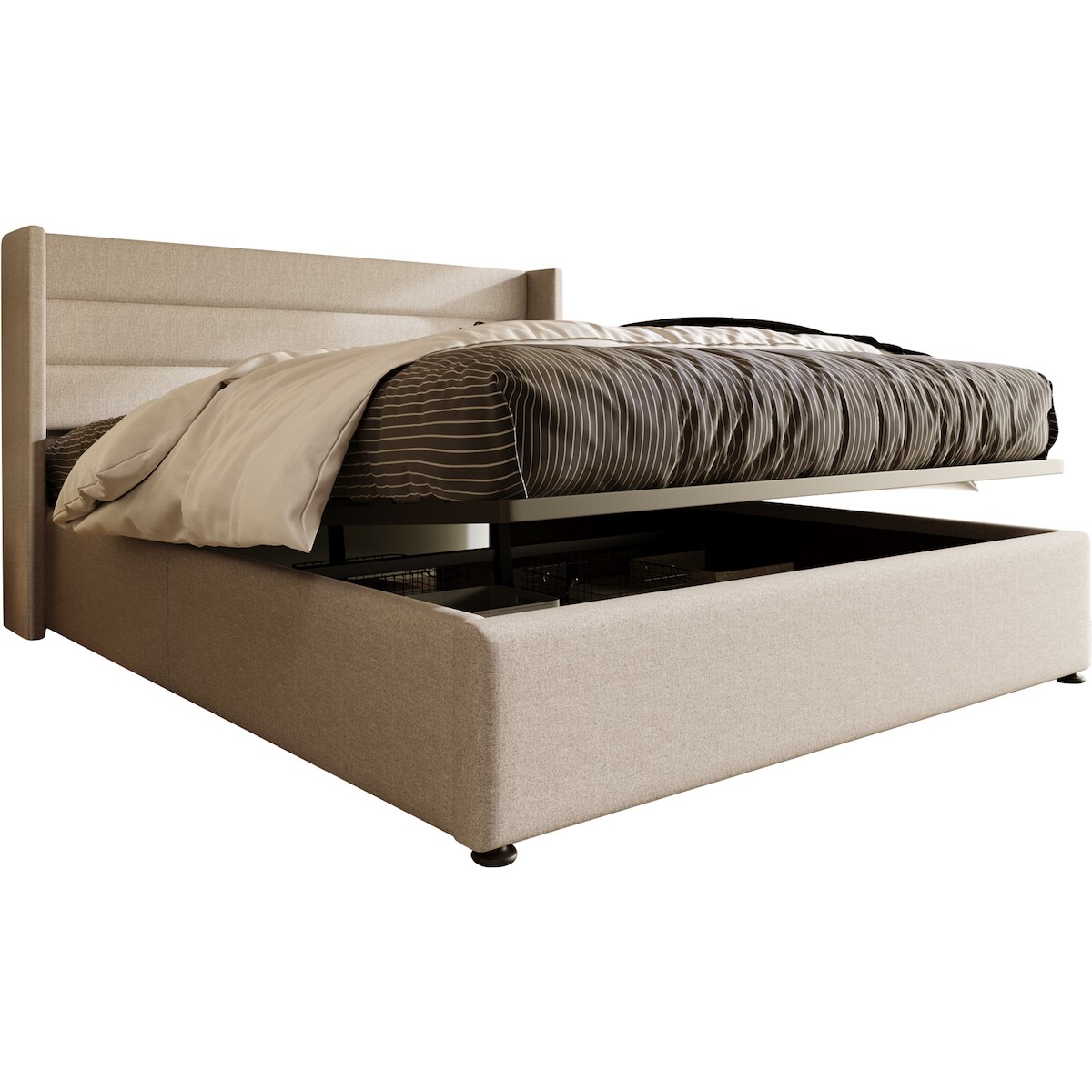 OKWISH Hydraulisches Polsterbett 160×200 mit Stauraum, Lattenrost, gepolstertem Kopfteil, stabile Konstruktion, Leinen, Beige Image