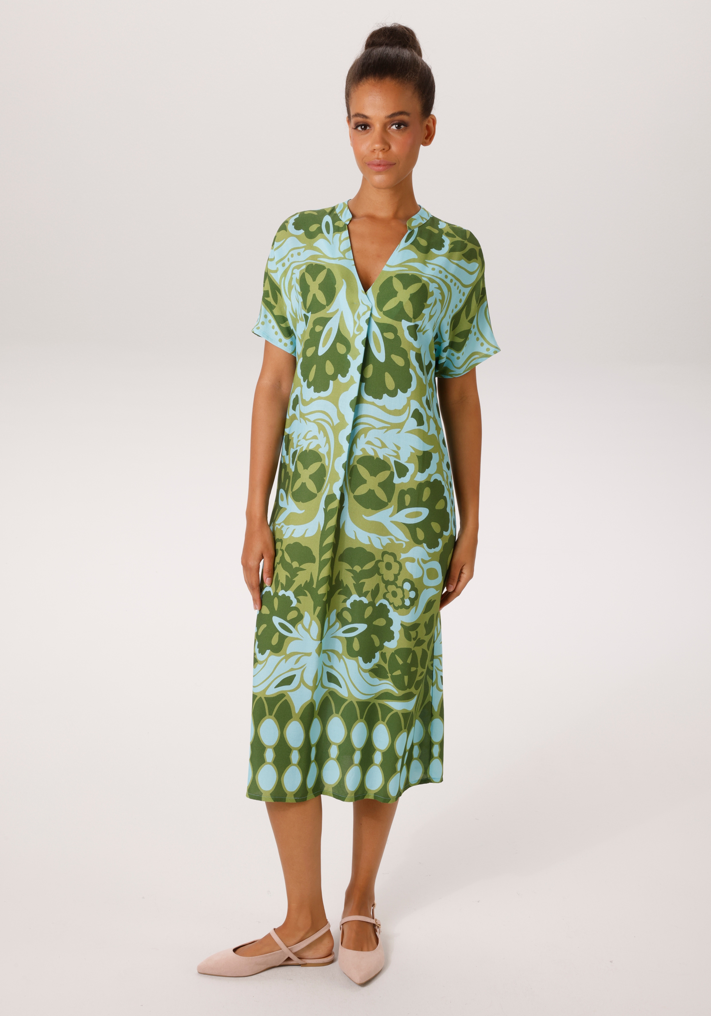 Sommerkleid ANISTON CASUAL, Damen, Gr. 42, N-Gr, türkis, oliv, moosgrün, Web, Obermaterial: 100% Viskose, bedruckt, geblümt, gemustert, figurumspielend kniebedeckend, V-Ausschnitt, Kleider Sommerkleid, mit extravagantem, grafischen Druck