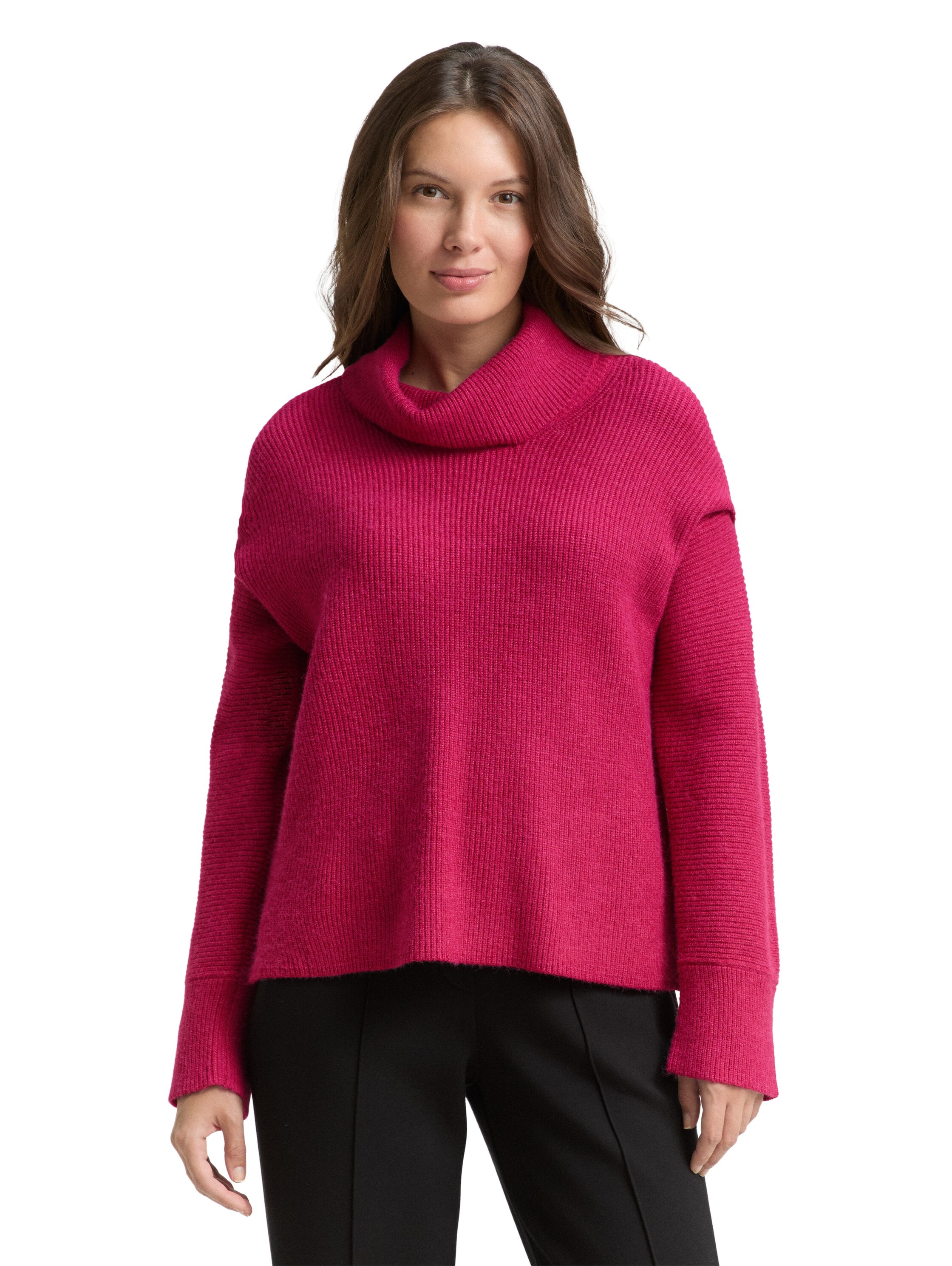 Rollkragenpullover TOM TAILOR, Damen, Gr. M, schwarz pink melange, Strick, Obermaterial: 52% Viskose, 27% Polyester, 21% Polyamid, meliert, oversize normal, ohne Ausschnitt, Rippbündchen, Pullover Rollkragenpullover, mit Rollkragen