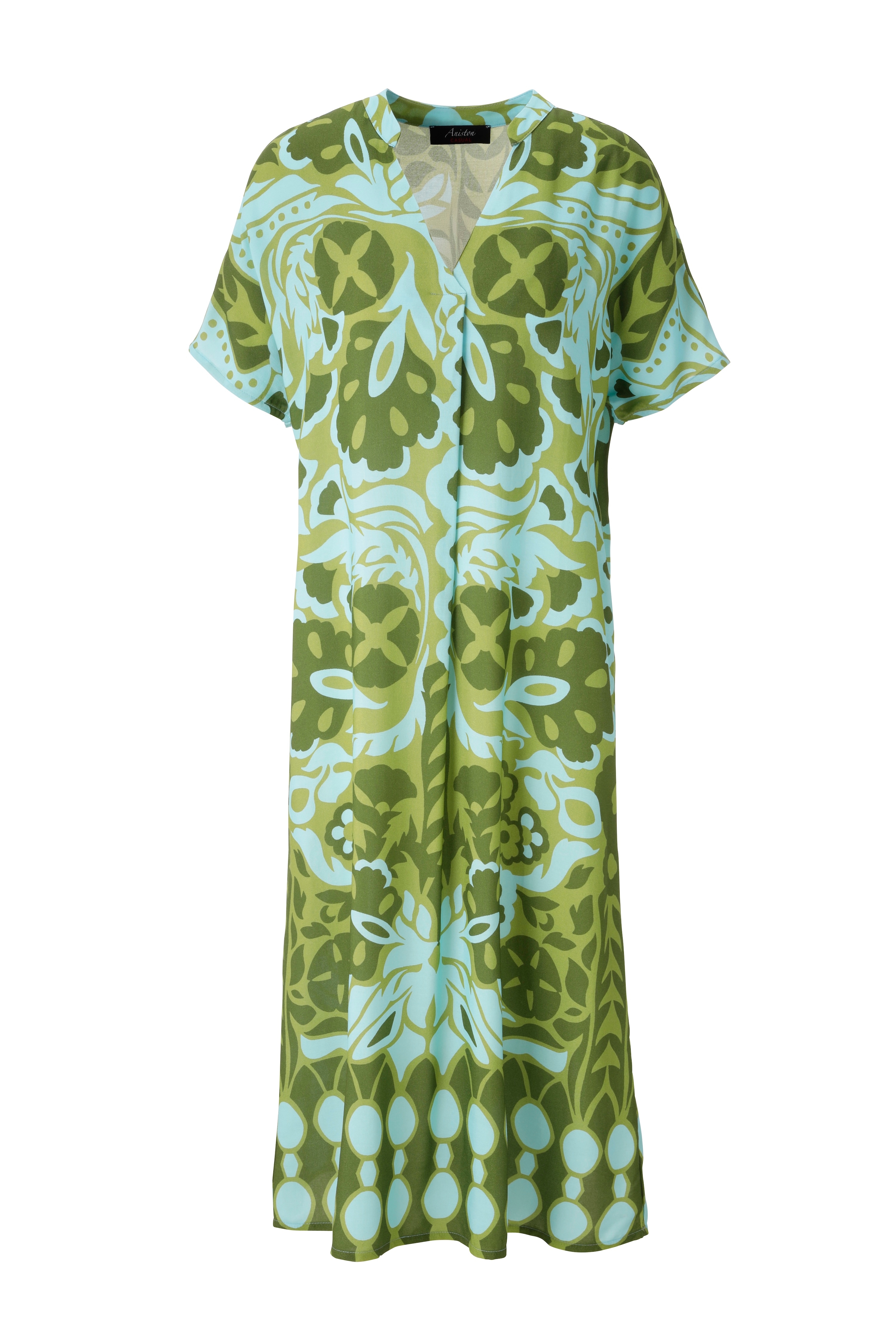 Sommerkleid ANISTON CASUAL, Damen, Gr. 48, N-Gr, türkis, oliv, moosgrün, Web, Obermaterial: 100% Viskose, bedruckt, geblümt, gemustert, figurumspielend kniebedeckend, V-Ausschnitt, Kleider, mit extravagantem, grafischen Druck Image