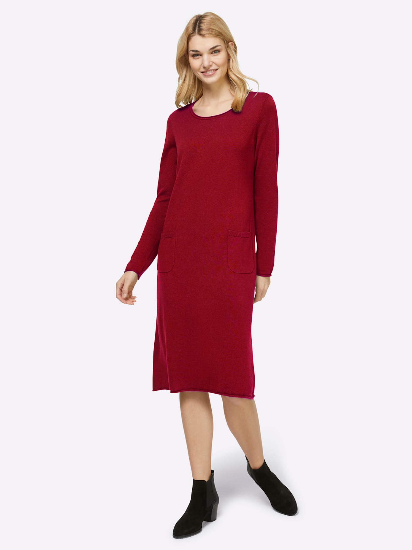 Strickkleid HEINE "Strickkleid", Damen, Gr. 36, Normalgrößen, rot (dunkelrot), Jersey, 60% Viskose, 40% Baumwolle, unifarben, knielang, Rundhals, Kleider Image