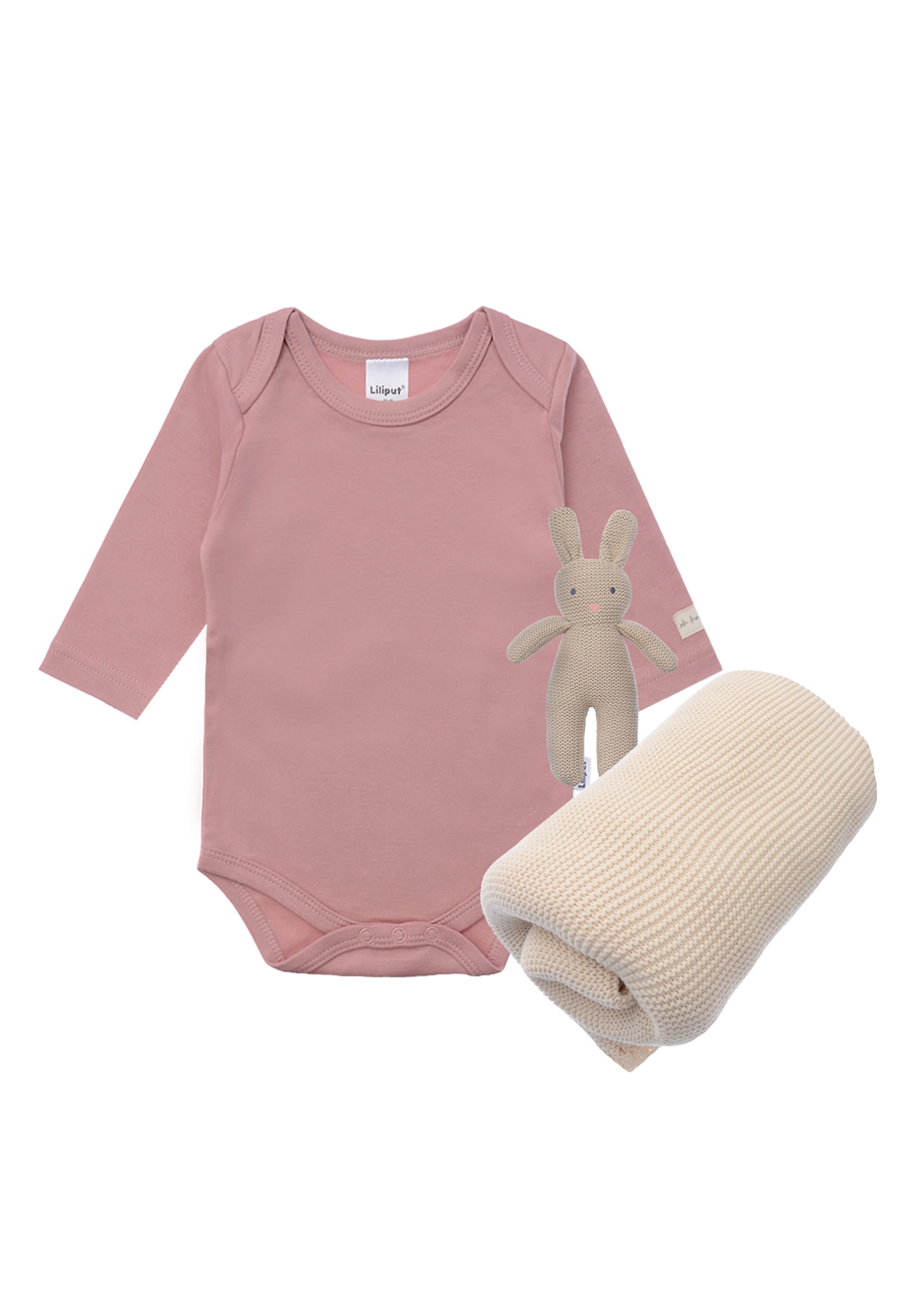 Erstausstattungspaket LILIPUT "Strickhase Lou", Baby, Gr. 74/80, braun (braun, rosa), 100% Baumwolle, KOB Set-Artikel, mit Body, Strickhase Lou und Decke Image
