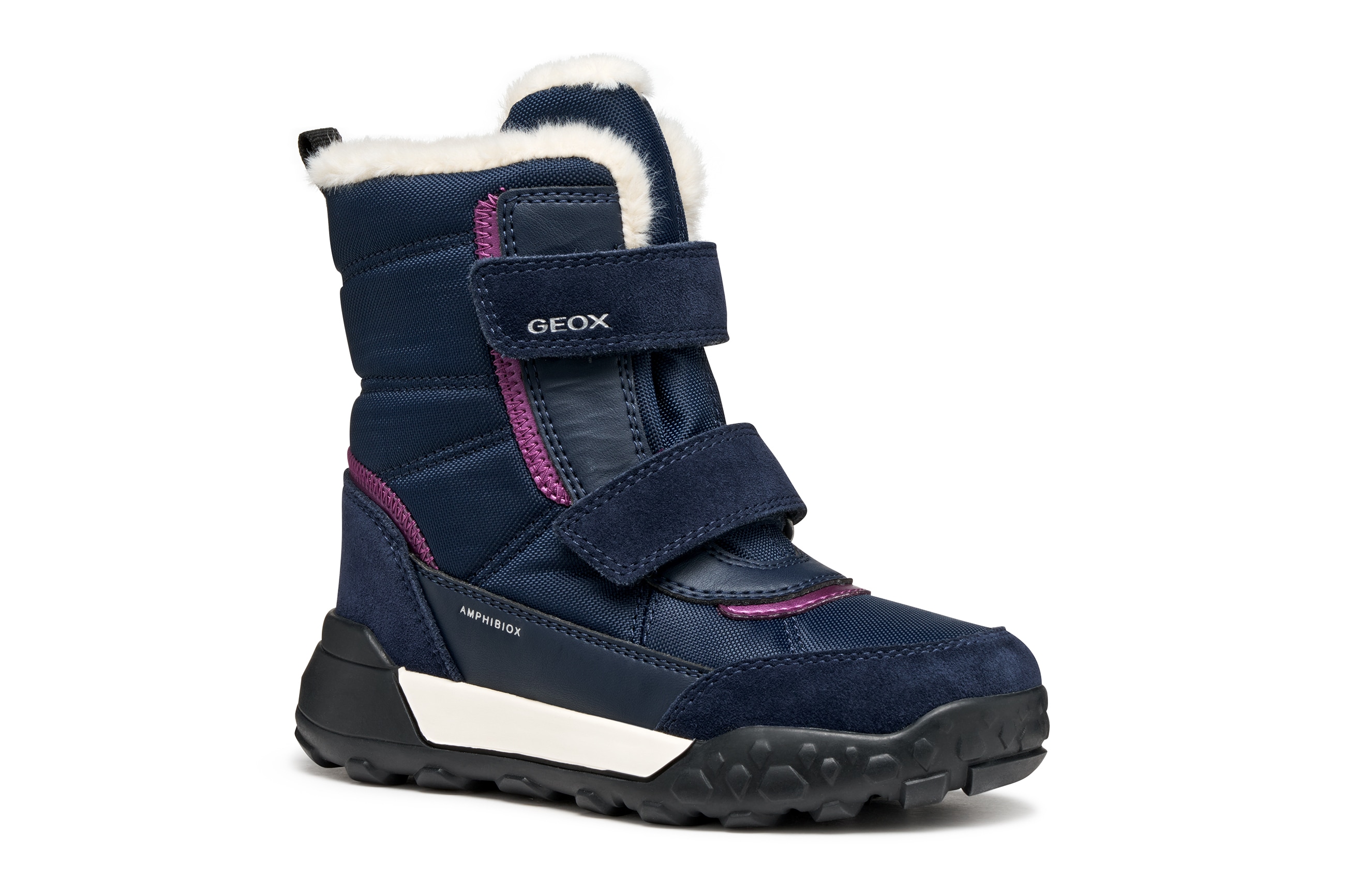 Winterboots GEOX "J TREKKYUP GIRL B AB", Mädchen, Gr. 28, blau (navy, lila), Leder, Textil, Schuhe Winterboots, Klettstiefel mit Warmfutter, Größenschablone zum Download