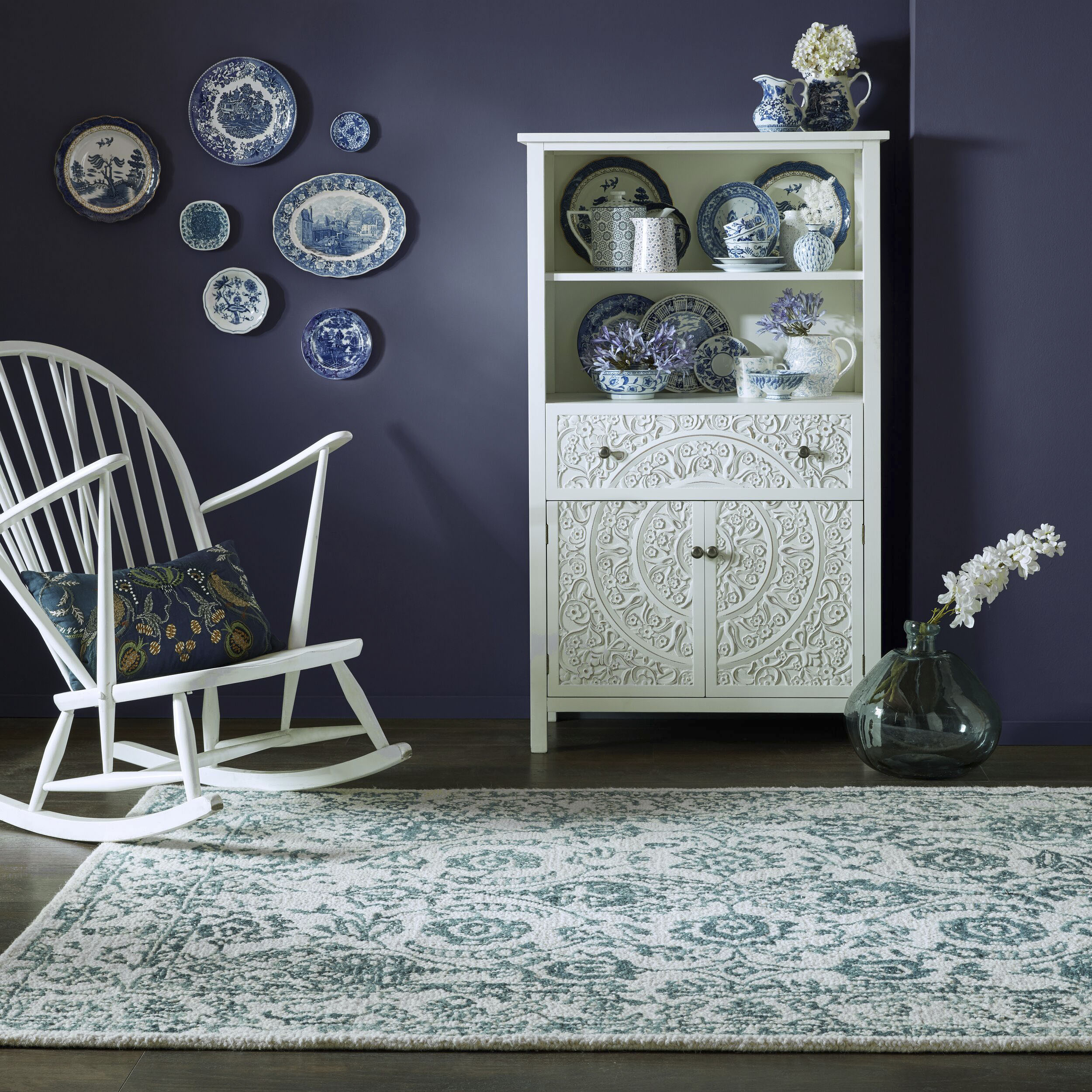 Wollteppich FLAIR RUGS "Yasmin mit Blumenmuster", blau, B:200cm H:10mm L:290cm, Wolle, Teppiche, Handgearbeitet Image