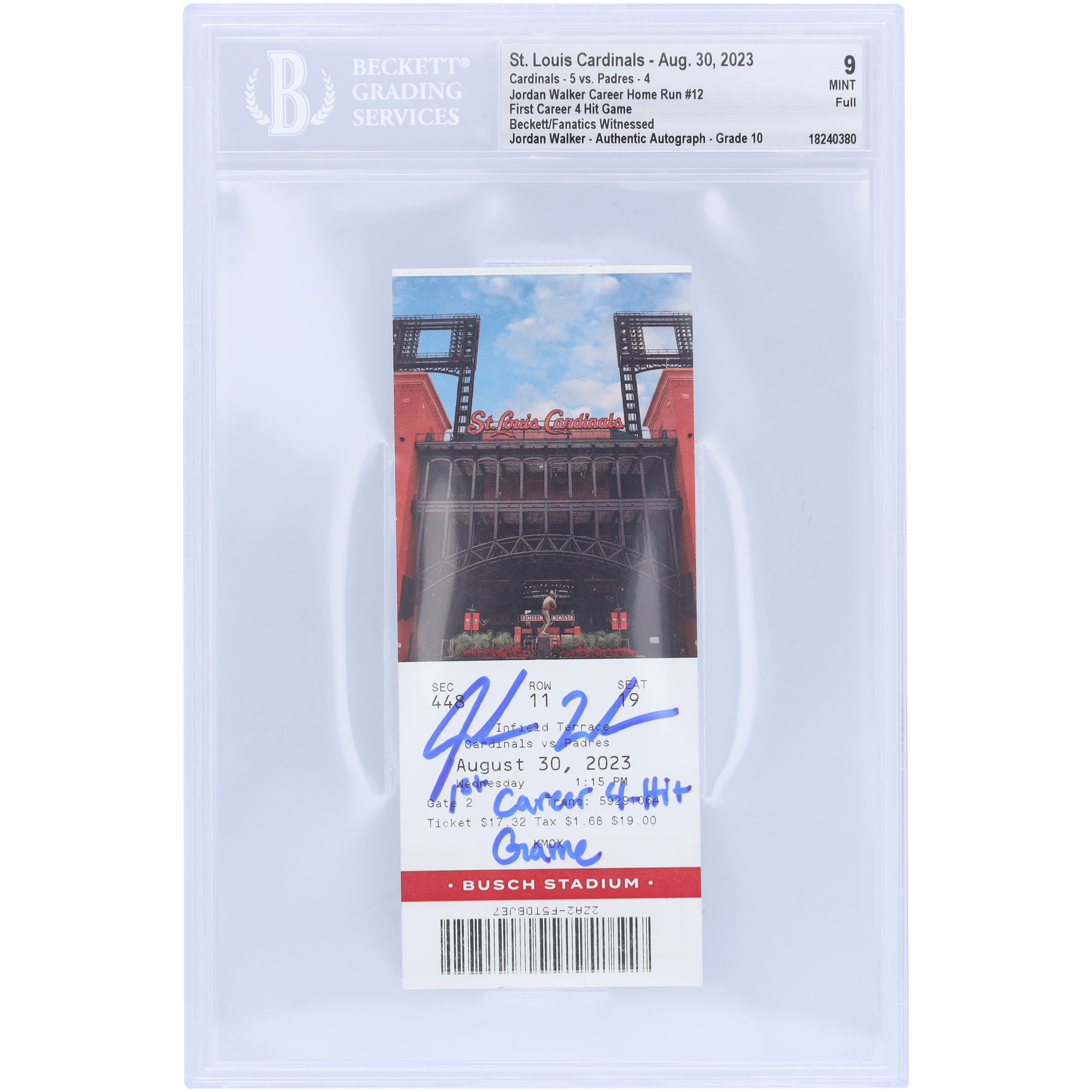 Jordan Walker, St. Louis Cardinals, signiertes erstes 4-Hit-Spiel seiner Karriere. Beckett-Fans bezeugten authentifiziertes 9/10-Ticket vom 9. Juni 2023 mit der Aufschrift „1st Career 4-Hit Game“. Image