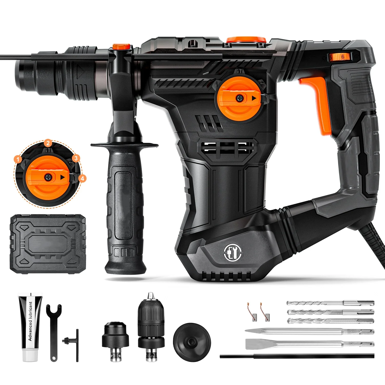 DOVAMAN SDS-Plus 1500 W, 7J, 4 Funktionen, 900 U/min, 4350 Schlag/Min., mit Bohrern und Meißeln, für Beton und Wand, mit Koffer Image