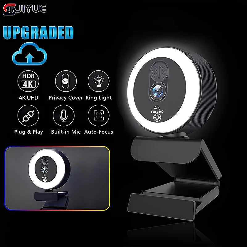 Webcam 4k avec lumière de remplissage, caméra USB Autofocus 2k/1080p avec Microphone, Webcam rotative pour le Streaming, la vidéoconférence