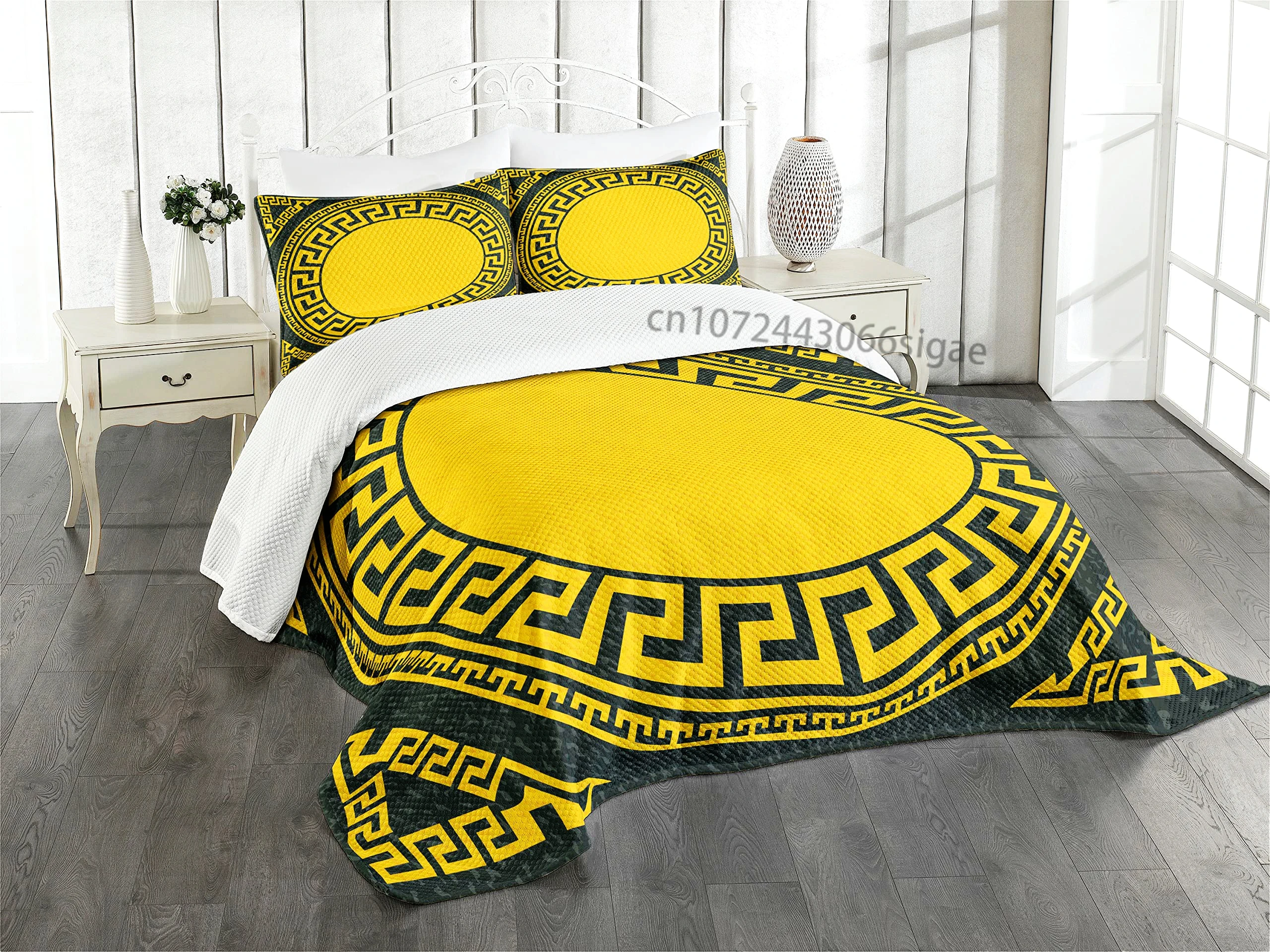 Griechisches Bettbezug-Set, Frieze mit Vintage-Ornament, Mäander-Muster aus Griechenland-Dekor, 3-teiliges Bettwäsche-Set mit 2 Kissenbezügen Image