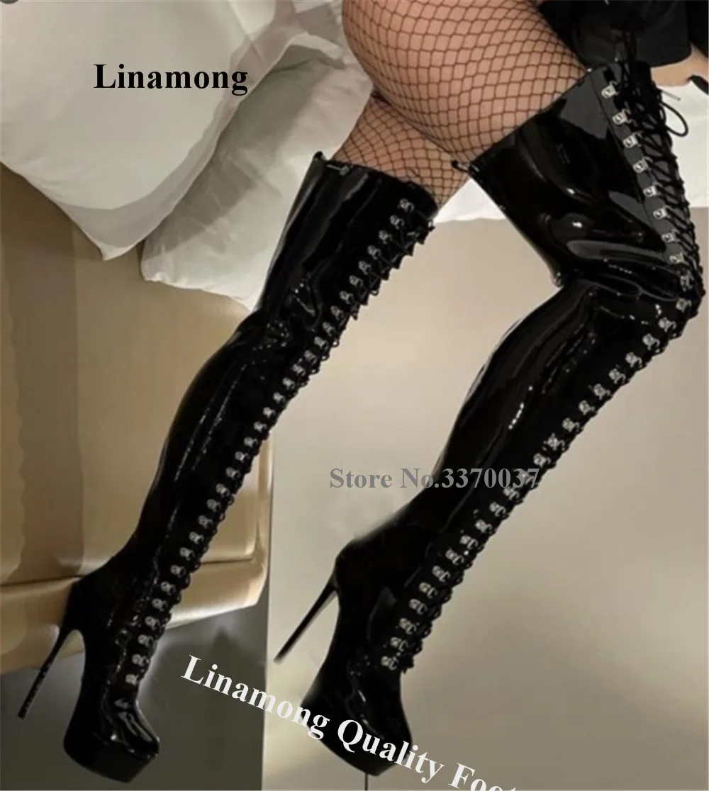 Linamong Glänzende schwarze Lackleder-Stiefel mit Stiletto-Absatz über dem Knie, runde Zehenpartie, Metallschnallen, hohe Plattform, dünner Absatz, lange Stiefel
