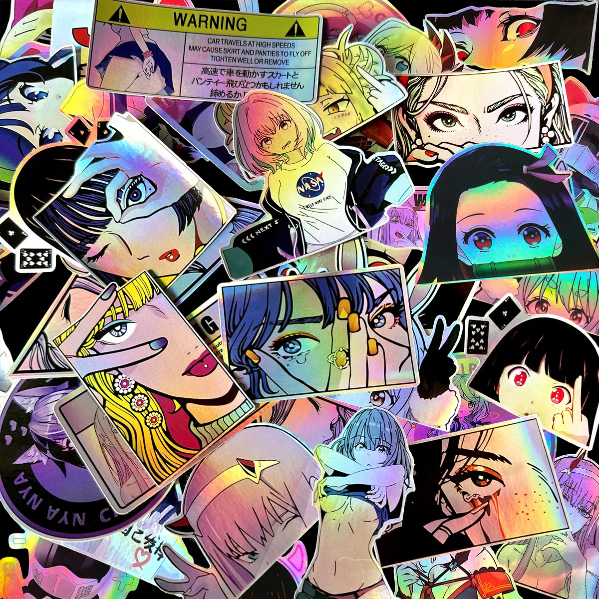 32PCS Binary Modification JDM Anime Beauty Laser Rainbow Stickers Motorcycle Car Bike Helmet Accessories Waterproof DIY Decals