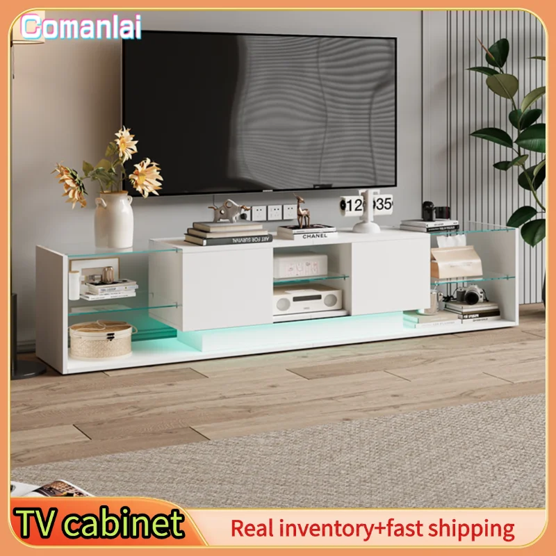 Comanlai Meuble TV 200 cm, avec éclairage LED, meuble TV inférieur, meuble TV moderne à haute brillance avec étagères en verre, pour salon, blanc