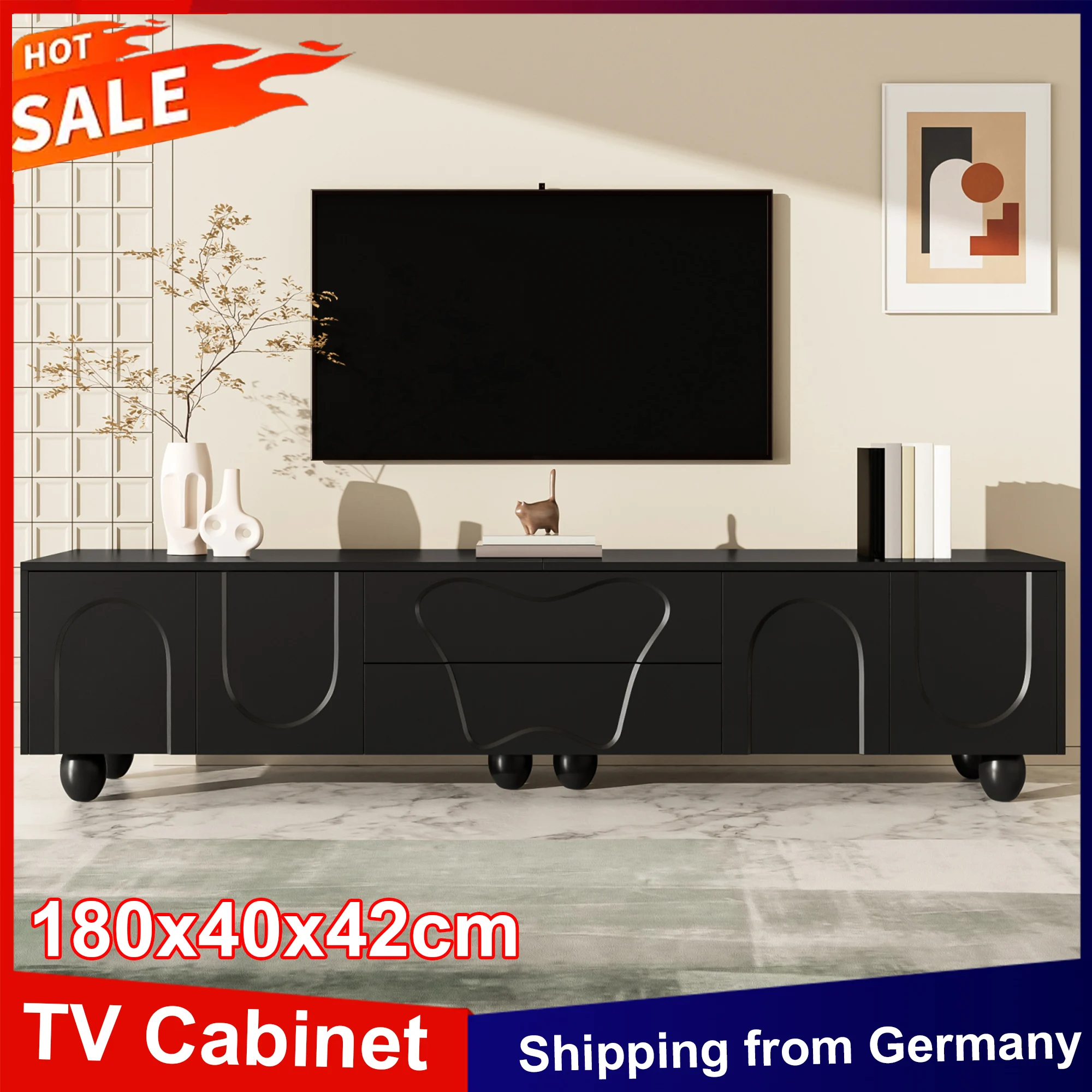 Anajqaqia Meuble TV noir 180x40x42 cm avec pieds en bois, meuble bas TV avec 2 tiroirs, compartiments de rangement, meuble TV pour salon