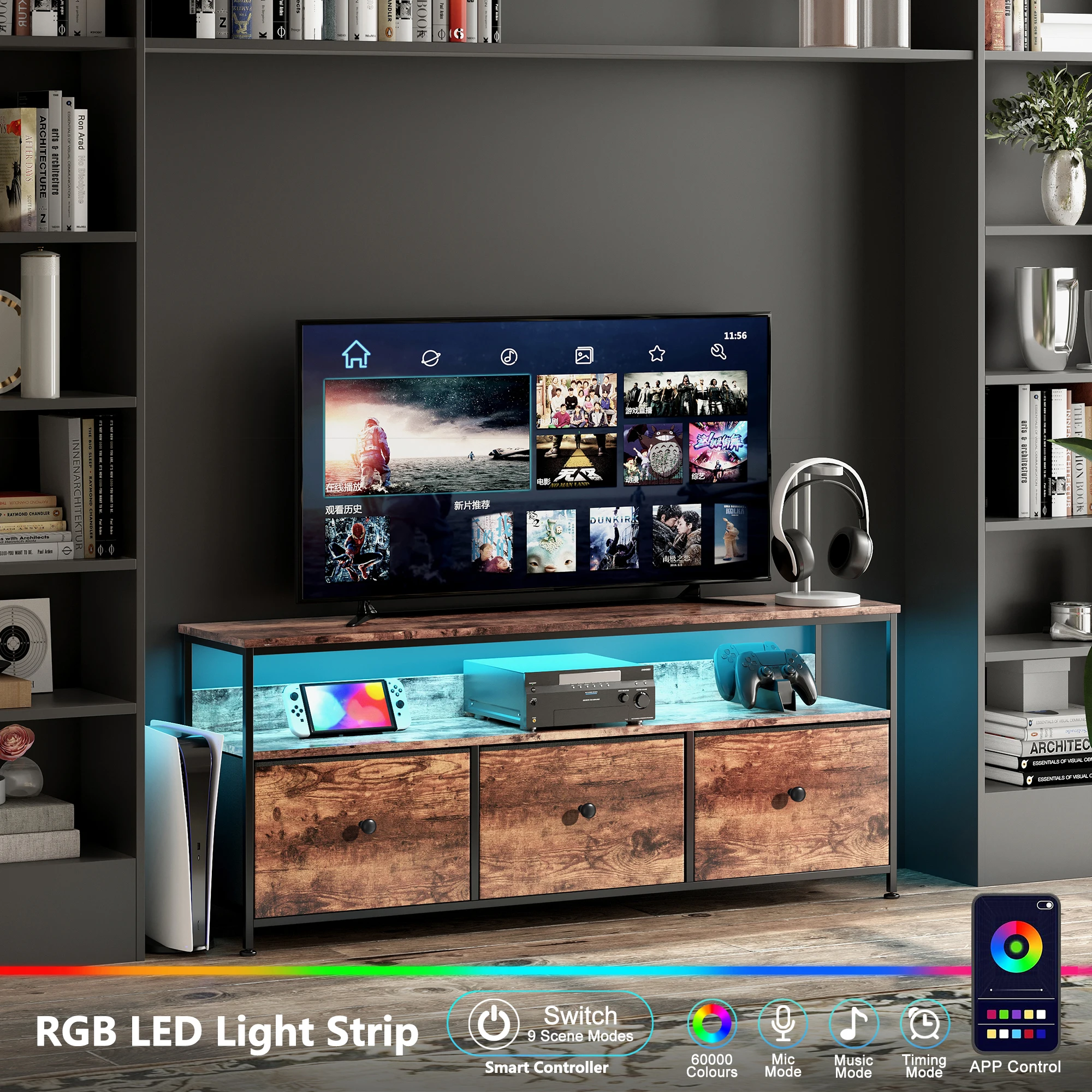 Anajqaqia Meuble TV rétro LED 108 × 30 × 57 cm, meuble fonctionnel avec 3 tiroirs détachables en tissu pour salon et chambre à coucher